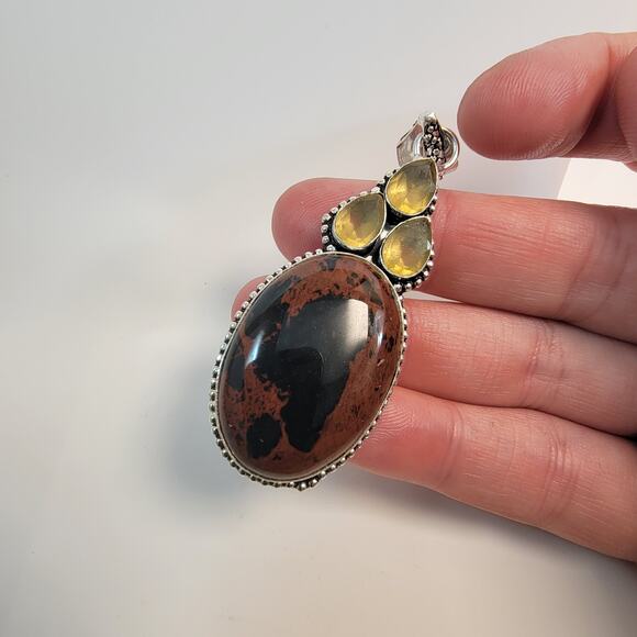 Necklace Pendants Mahogany Obsidian and Yellow Quartz Handmade Jewelry in Silver - Picture 5 of 9